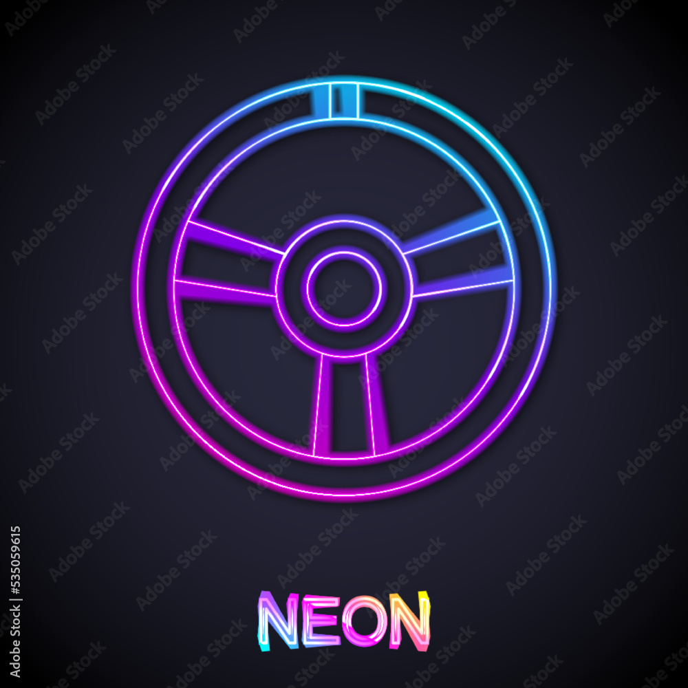Glowing neon line Racing steering wheel icon isolated on black background. Car wheel icon. Vector Glowing neon line Racing steering wheel icon isolated on black background. Car wheel icon. Vector