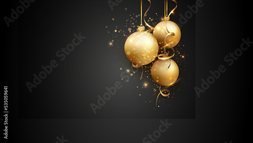 carte ou bandeau représentant trois boules de Noël de couleur or sur un fond noir en dégradé