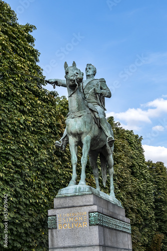 Bronze equestrian statue of Simon Bolivar (1783 –1830), was a Venezuelan military and political leader. {inscription: Simon Bolivar Liberator} Paris, France. photo
