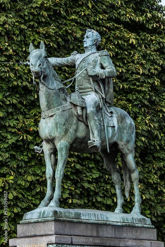 Bronze equestrian statue of Simon Bolivar (1783 –1830), was a Venezuelan military and political leader. {inscription: Simon Bolivar Liberator} Paris, France. photo