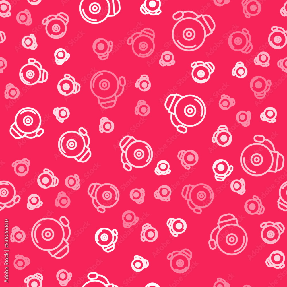 White line Ringing alarm bell icon isolated seamless pattern on red background. Fire alarm system. Service bell, handbell sign, notification symbol. Vector White line Ringing alarm bell icon isolated seamless pattern on red background. Fire alarm system. Service bell, handbell sign, notification symbol. Vector