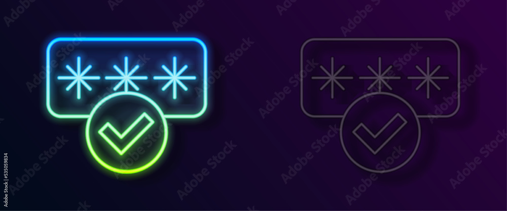 Glowing neon line Password protection and safety access icon isolated on black background. Security, safety, protection, privacy concept. Vector Glowing neon line Password protection and safety access icon isolated on black background. Security, safety, protection, privacy concept. Vector