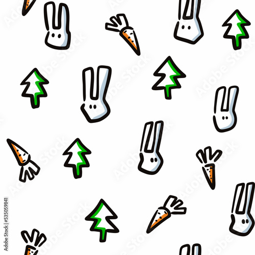 Seamless pattern with doodle rabbits in winter forest.