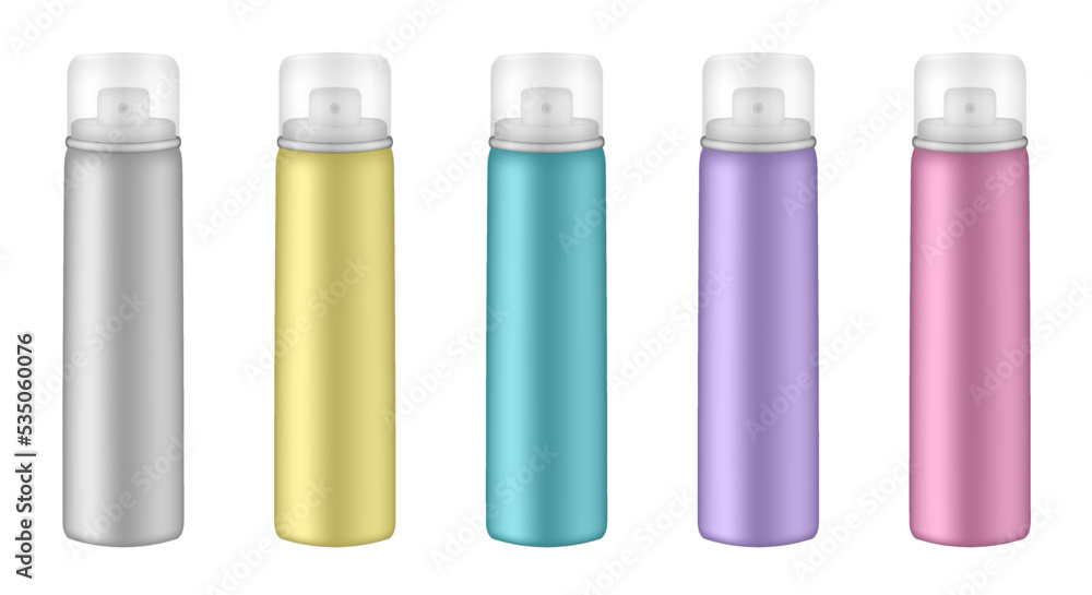 Aluminium tube for hairspray, air freshener container, thermal water spray bottle. White, yellow, purple, green and pink bottles. Realistic mockup of aerosol deodorant or dry shampoo. Transparent cap Aluminium tube for hairspray, air freshener container, thermal water spray bottle. White, yellow, purple, green and pink bottles. Realistic mockup of aerosol deodorant or dry shampoo. Transparent cap
