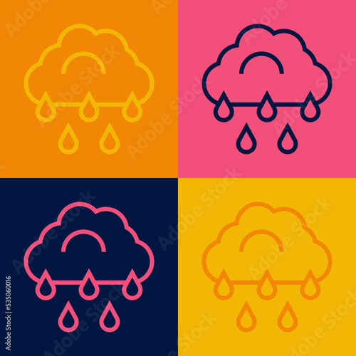 Pop art line Cloud with rain icon isolated on color background. Rain cloud precipitation with rain drops. Vector