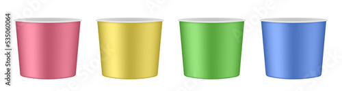 Set of vector realistic blank disposable ice cream buckets. Red, yellow, green and blue cups or food bowls