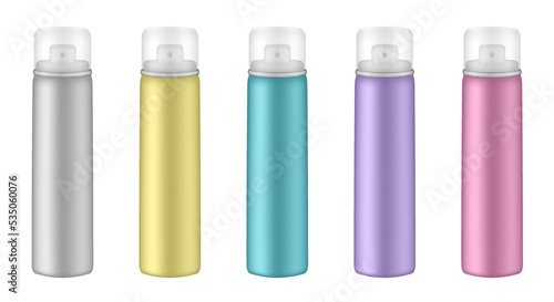 Aluminium tube for hairspray, air freshener container, thermal water spray bottle. White, yellow, purple, green and pink bottles. Realistic mockup of aerosol deodorant or dry shampoo. Transparent cap