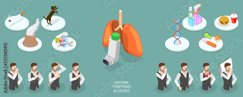 3D Isometric Flat Vector Conceptual Illustration of Asthma Symptoms And Causes, Respiratory Disease Triggers