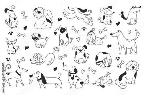 Doodle sketch line art animal dogs puppy characters hand drawn isolated set. Vector graphic design element illustration