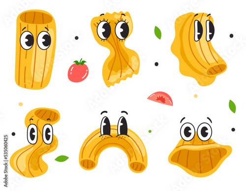 Pasta macaroni cartoon characters face expressions isolated set. Vector graphic design element illustration