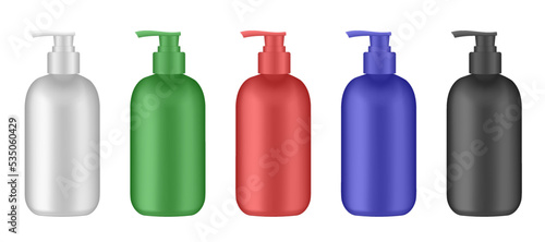 Set of cosmetic bottles with pump. Dispenser. White, gold, red, blue and black containers. Liquid soap or shampoo.