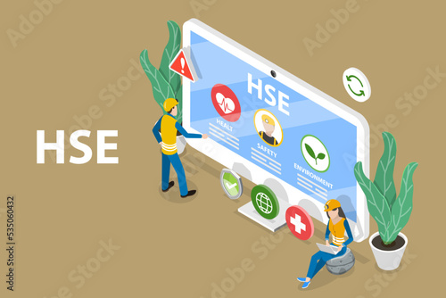 3D Isometric Flat Vector Conceptual Illustration of HSE - Health Safety Environment, Worker Security Protection Policy
