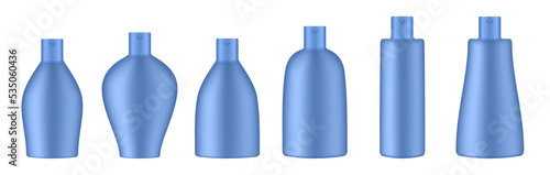 Set of blue cosmetic bottles.  Realistic mockup. Korean packaging. Lotion or shower gel. Conditioner or hair mask
