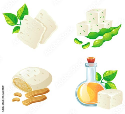 Soy oil food soybean tofu protein vegan style isolated set. Vector graphic design element illustration