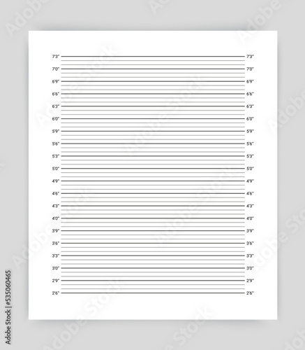 Measurement wall for police mugshot. Mugshot board. Identification frame for crime arrest. Mug shot criminal background template with inches scale. Lineup backdrop. Vector illustration.