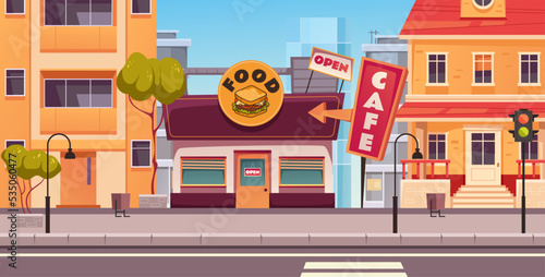 Cafe shop street store coffee house city town outside concept. Vector graphic design element illustration
