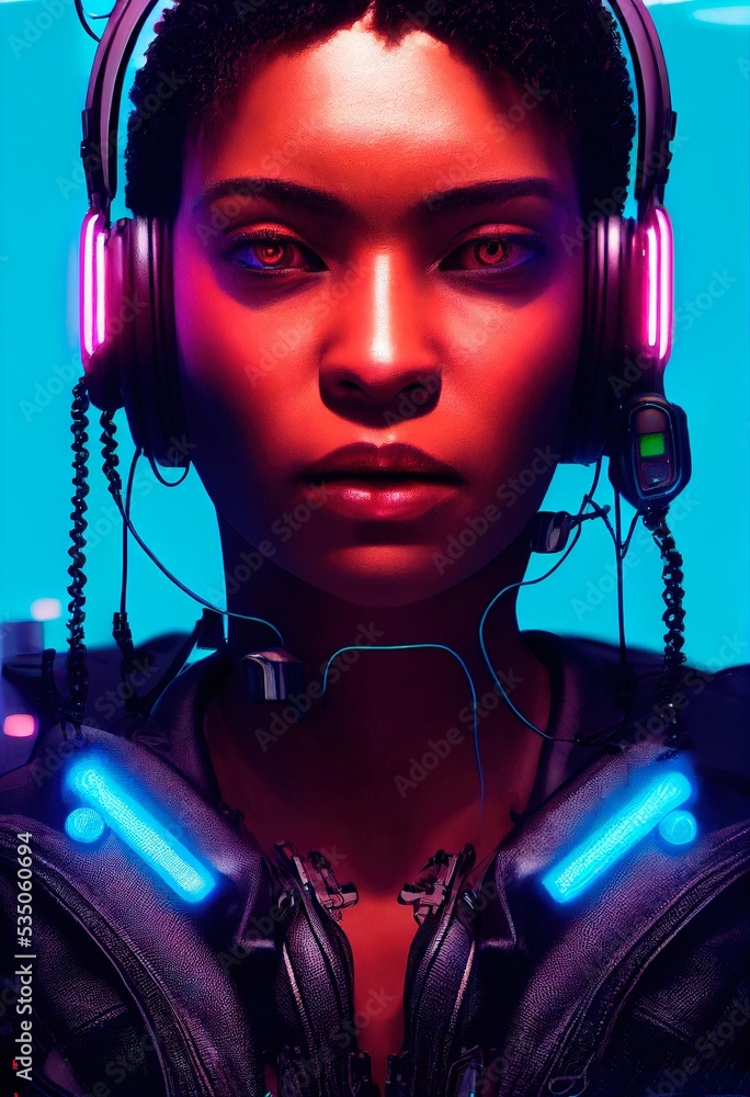 A fictional portrait of a ebony girl wearing a cyberpunk headset and ...