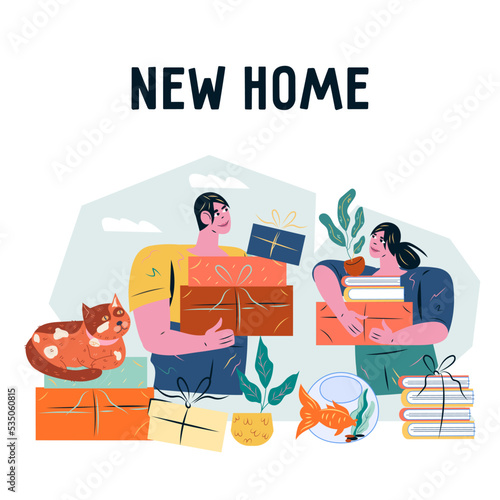 Moving and buying new house banner or poster template with young family packing belongings to move to new house, flat vector illustration. Buying house, property sale or rental.