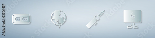 Set Electrical outlet, Global planet with thunderbolt, Soldering iron and Smart Tv. Paper art style. Vector