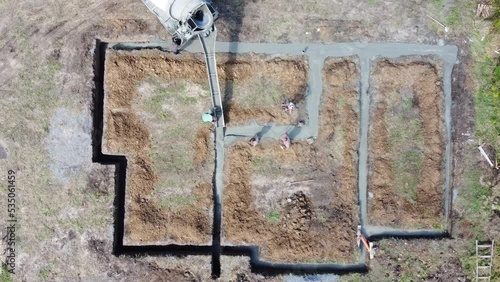 concrete house foundation construction process. aerial view.