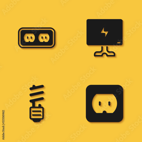 Set Electrical outlet, LED light bulb and Smart Tv icon with long shadow. Vector