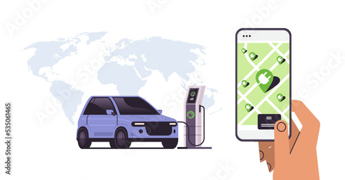 human hand charging electric car in mobile app battery vehicle at recharging power station charger EV management zero emission