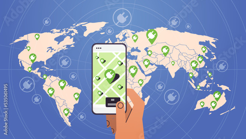 hand searching recharging power station for electric battery cars on map in mobile app EV management zero emission transport