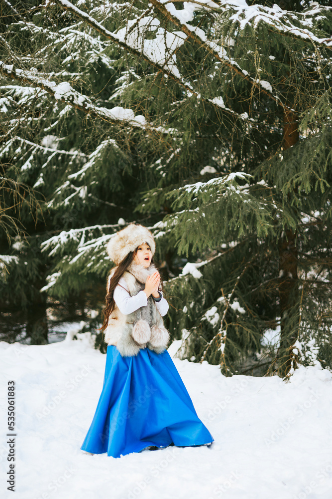 portrait of beautiful cute little Asian girl in fur coat and fur hat standing in snowy forest in winter, winter holidays and having fun, Christmas vacation, selective focus in snowy weather portrait of beautiful cute little Asian girl in fur coat and fur hat standing in snowy forest in winter, winter holidays and having fun, Christmas vacation, selective focus in snowy weather