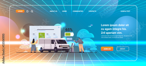 people charging electric cargo van in mobile app battery vehicle at recharging power station charger EV management