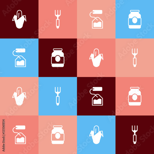 Set pop art Corn, Fork, Tea bag and Jam jar icon. Vector