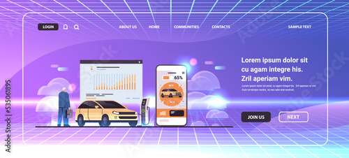 businessman charging electric car in mobile app battery vehicle at recharging power station charger EV management