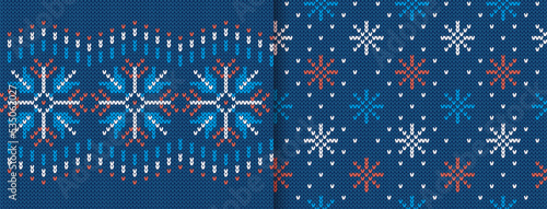 Knitted seamless patterns. Christmas sweater textures with snowlakes. Xmas festive background. Blue knitted print. Holiday fair isle traditional ornament. Geometric wool pullover. Vector illustration.