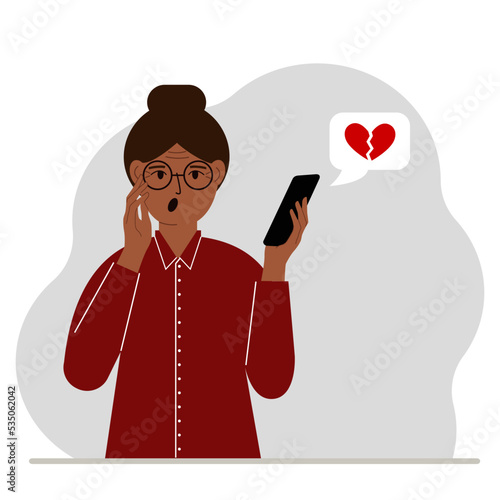 Surprised woman reading a message on his mobile phone. Message with a broken red heart. Vector