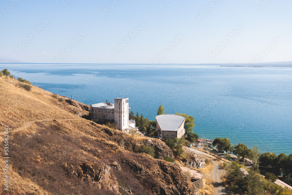Sevan Lake, Armenia, beautiful aerial panoramic view of Sevan Lake, Gegharkunik Province, with Sevanavank monastery chapel in a summer sunny day