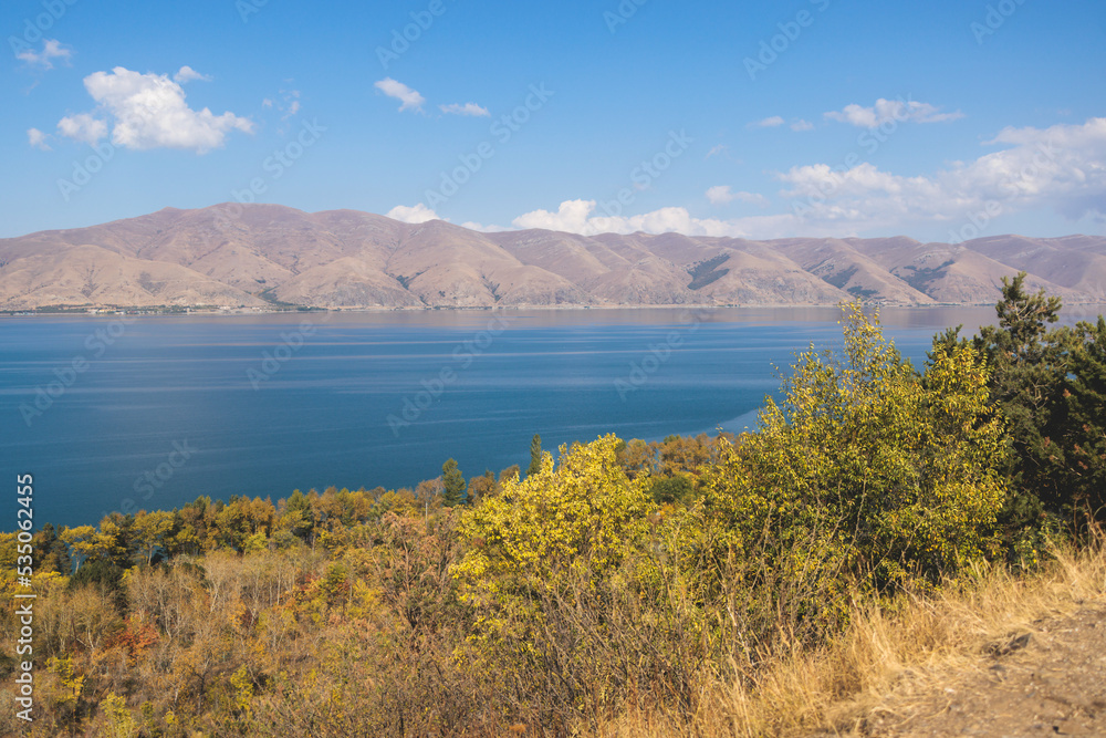 Sevan Lake, Armenia, beautiful aerial panoramic view of Sevan Lake, Gegharkunik Province, with Sevanavank monastery chapel in a summer sunny day