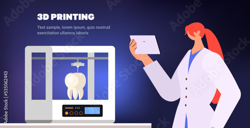 doctor controlling tooth model printed on 3d bio printer medical printing of human transplantation organ biological engineering