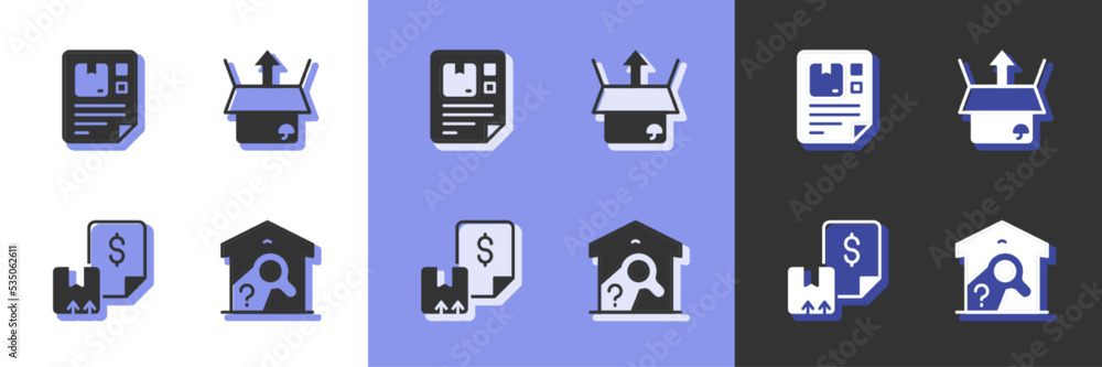 Set Warehouse check, Waybill, and Unboxing icon. Vector Set Warehouse check, Waybill, and Unboxing icon. Vector