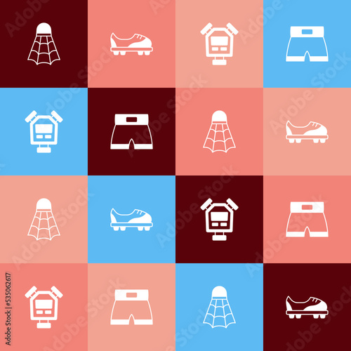 Set pop art Badminton shuttlecock, Football shoes, Stopwatch and Boxing short icon. Vector