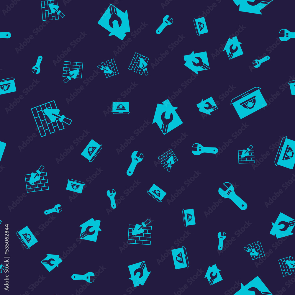 Set Brick wall with trowel, Worker safety helmet, House wrench spanner and Adjustable on seamless pattern. Vector Set Brick wall with trowel, Worker safety helmet, House wrench spanner and Adjustable on seamless pattern. Vector