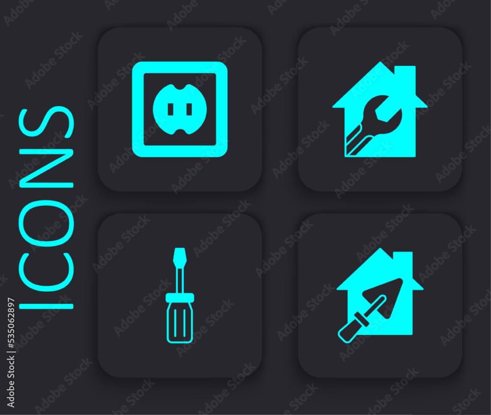 Set House with trowel, Electrical outlet, wrench spanner and Screwdriver icon. Black square button. Vector Set House with trowel, Electrical outlet, wrench spanner and Screwdriver icon. Black square button. Vector