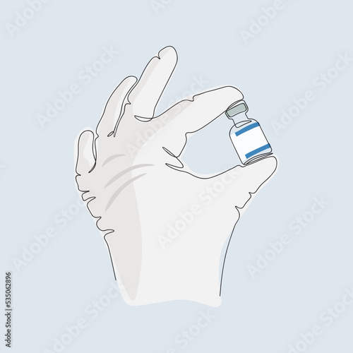 Continuous one line art of hand in white glove holding a medicine bottle