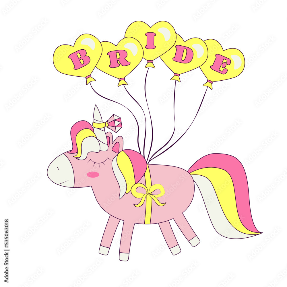 Unicorn Flying in Balloons Marriage Proposal Ring on the Horn Bride Bachelorette Party  in Retro Groovy Style Temporary Sticker or Badge