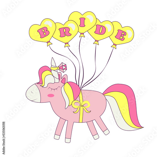 Unicorn Flying in Balloons Marriage Proposal Ring on the Horn Bride Bachelorette Party  in Retro Groovy Style Temporary Sticker or Badge