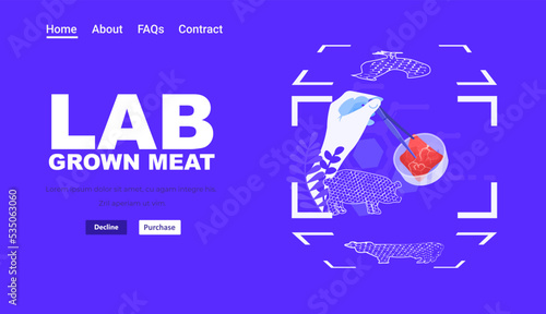 scientist hands analyzing dna of cultured red raw meat made from animal cells artificial lab grown meat production