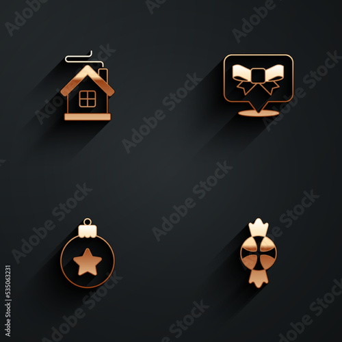 Set Merry Christmas house, Gift bow, ball and Candy icon with long shadow. Vector
