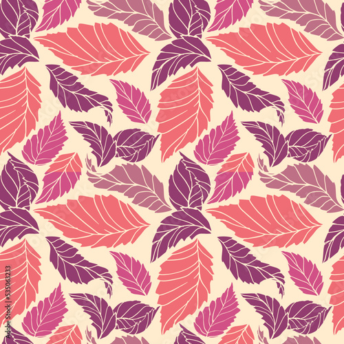 Drawn autumn leaves. Leaves seamless vector pattern. Silhouette. Autumn. October. November. Pink background. Monochrome. Banner. Autumn holidays. Fabric print.