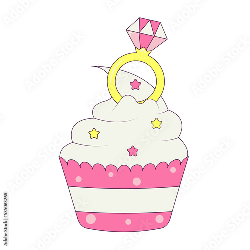 Wedding Cupcake with Cream and Diamond Ring Bachelorette Party Temporary Sticker or Badge