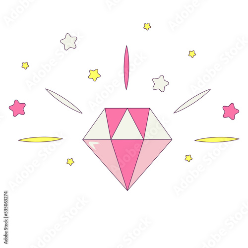 Bright Sparkling Diamond with Stars Temporary Sticker or Badge in Retro Groovy Style