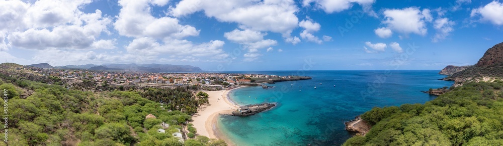 Panoramic aerial view of Tarrafal beach in Santiago island in Cape Verde - Cabo Verde