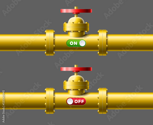 Set yellow pipelines with big valve, green slider is turn on and red slider is turn off vector illustration. Concept gas supply and cancellation of supply